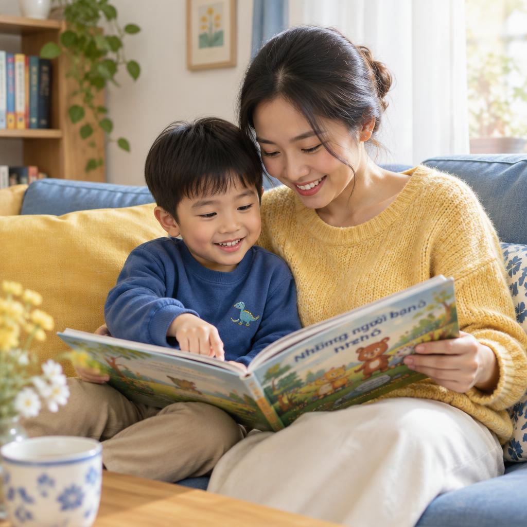 Minh hoạ mẹ và con cùng đọc sách tại nhà